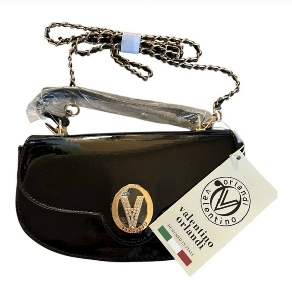 NWT Valentino Orlandi Black Patent Leather Mini Handbag Gold Chain Strap V Logo - Picture 6 of 7